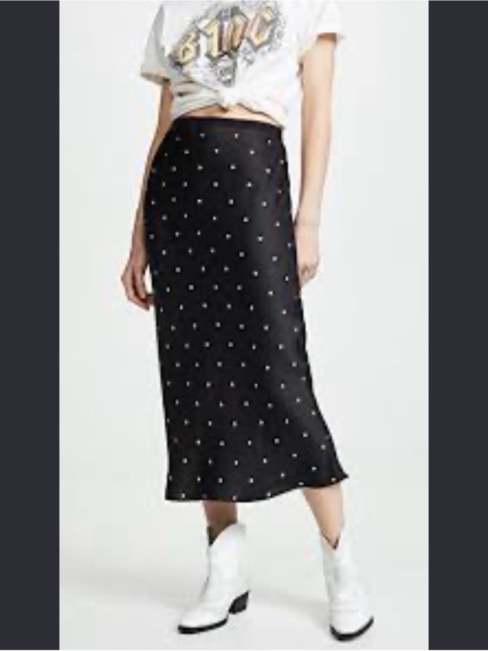 Anine Bing Black Midi Slip Skirt with White Polka Dots 100% Silk
